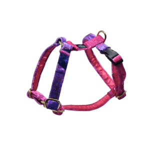 Szelki guard dla psa welurowe - Jesień w wyjątkowym, przepięknym wzorze w kolorach różu i fioletu, przeplatanym złotem. Od spodu podszyta satyną.